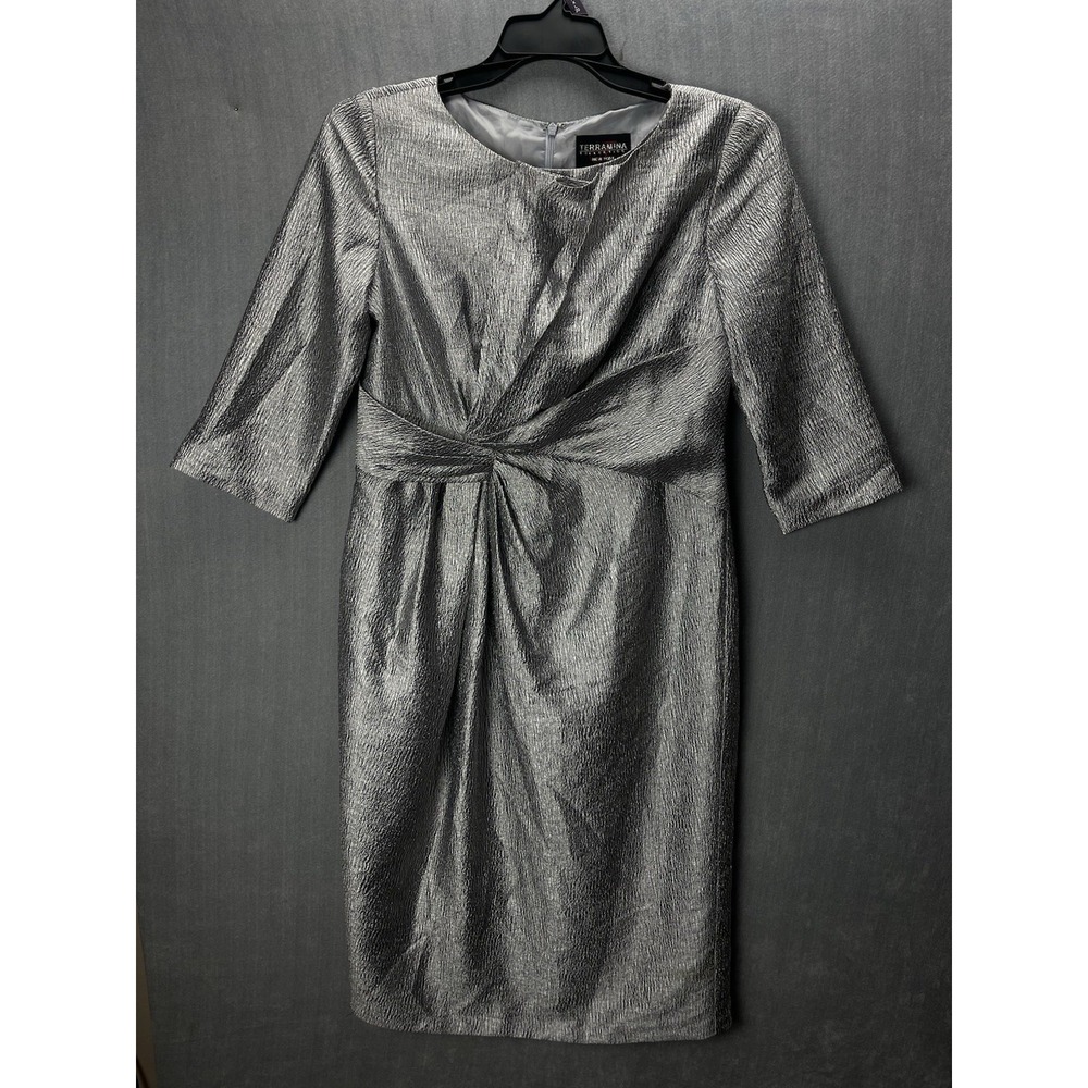 Terramina Collector New York Metallic Silver Ruched Waist Cocktail Dress Size 10